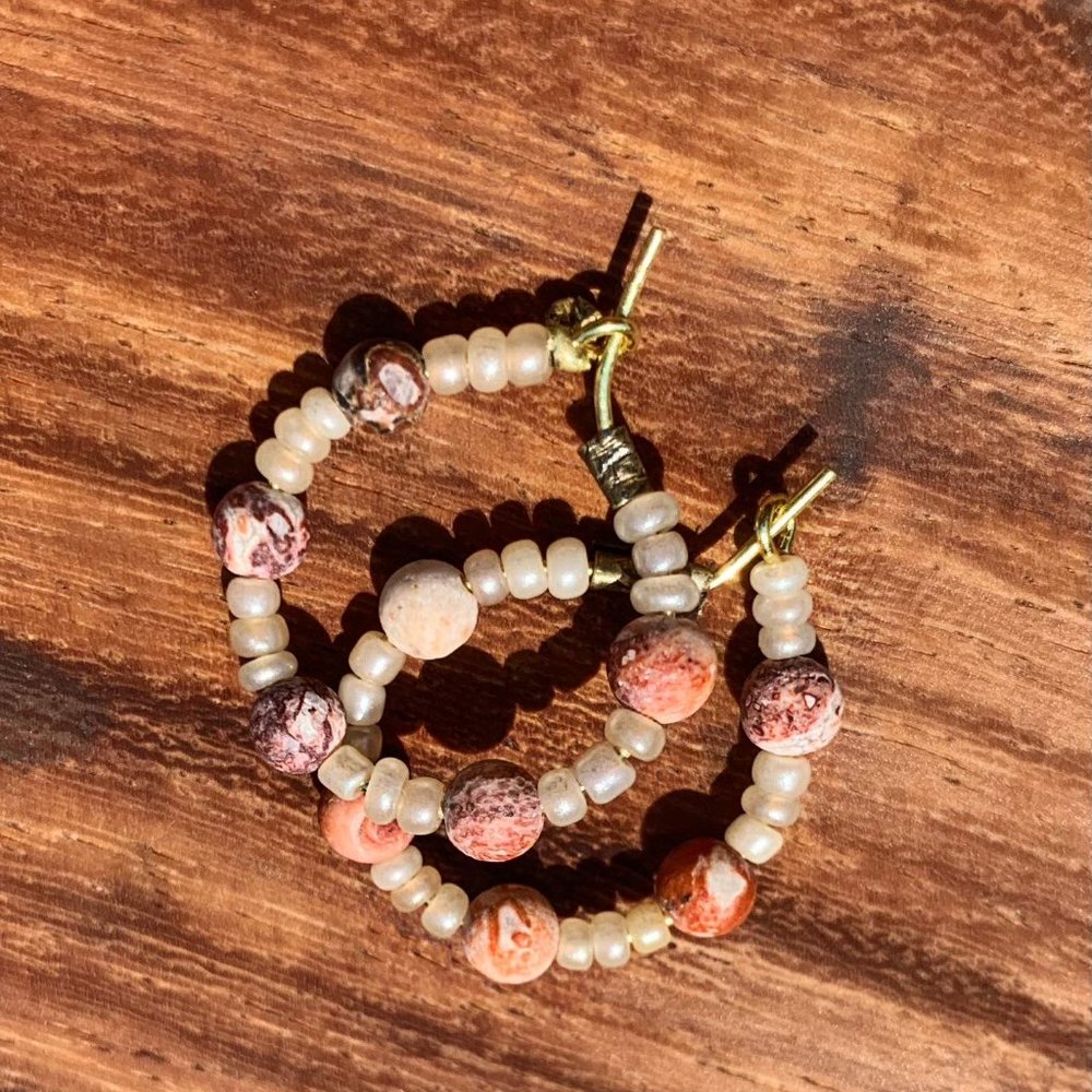 Boho Sunset Pink Mini Seed Hoop Earrings, Handmade